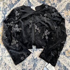CDC Petites Black Velvet Silver Glitter Floral Cropped Cardigan Size 8 90s